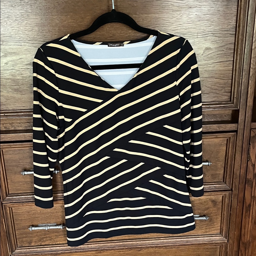 J. McLaughlin Black and Cream Striped Wrap-Style Top